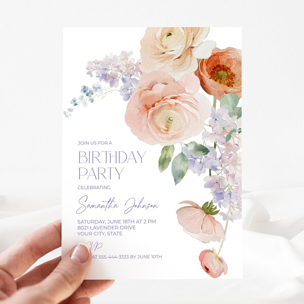 Peachy Pink and Lavender Birthday Party Invitation, Cottage Floral Woman's Birthday Invite, Garden Blooms, Coral, DIY Editable Template 286