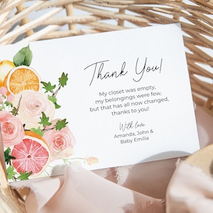 Carte de remerciement Agrumes pour baby shower, Remerciement pour fête d'anniversaire, Carte détaillée, Carte d'insertion d'invitation Fruit d'été Modèle modifiable DIY 151
