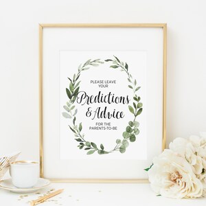 Greenery Please Leave Your Predictions and Advice Cards Here Sign, Printable, Eucalyptus Baby Shower Decoration, Botanical, Foliage 291 image 3