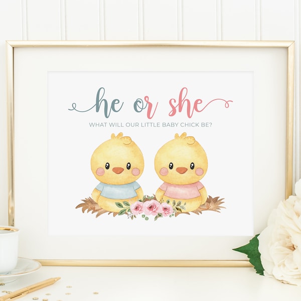 He or She What Will Our Little Baby Chick Be Sign, Printable, Country Gender Reveal Party Sign, Blue and Pink Chickens, Farm Animals 302