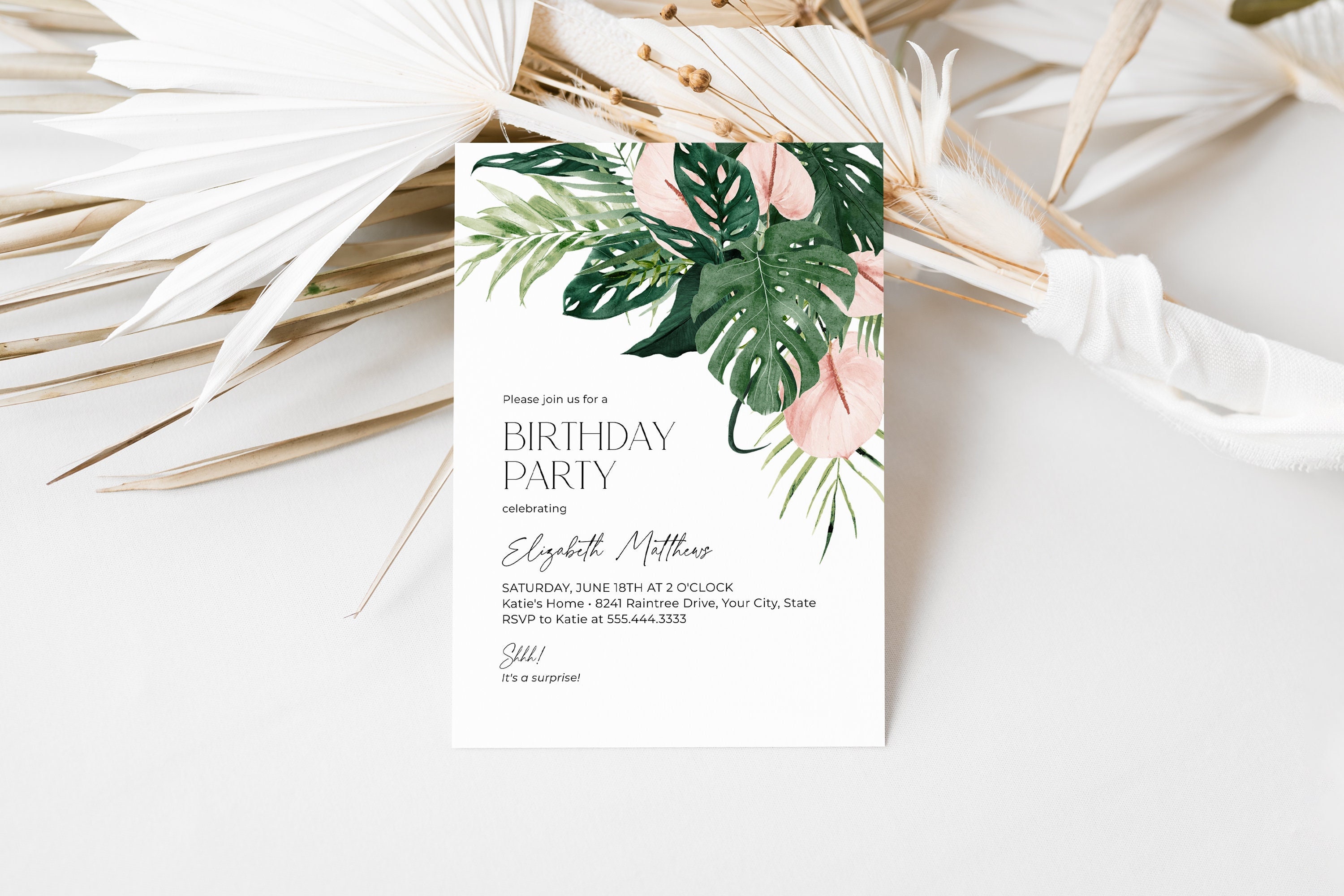 Tropical Jungle Birthday Party Invitation, Tropical Greenery Woman's Birthday Invite, Pink Floral, Monstera Leaves DIY Editable Template 287