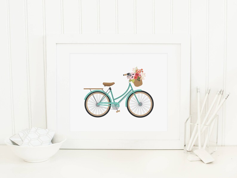 Bicycle Printable Aqua Bicycle Wall Art Bicycle With Flower Etsy