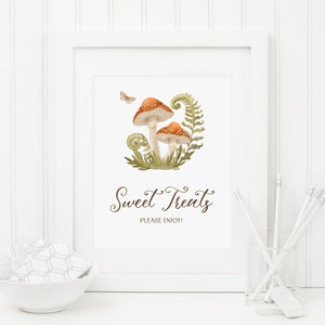 Mushroom Sweet Treats Sign, Instant Download, Dessert Sign, Woodland Baby Shower Decoration, Forest Greenery, Butterflies Gender Neutral 282