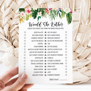 Tropical Would She Rather Game, Tropical Floral Bridal Rather Game, Hawaiian Bridal Shower Game Activity, DIY Editable Template 275
