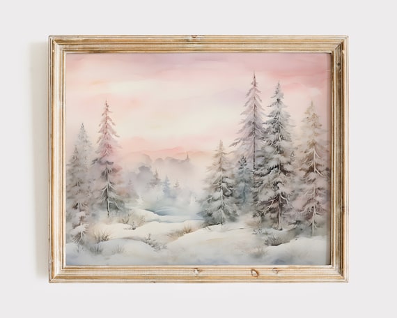 Winter Scene Watercolor Painting, Pastel Snowy Wall Art, Seasonal Home Decor, Landscape Printable, Tranquil Snow Art Print, Pink Christmas