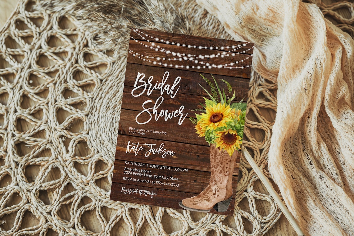 Sunflower Bridal Shower Invitation Boho Cowgirl Boot Bridal image 1