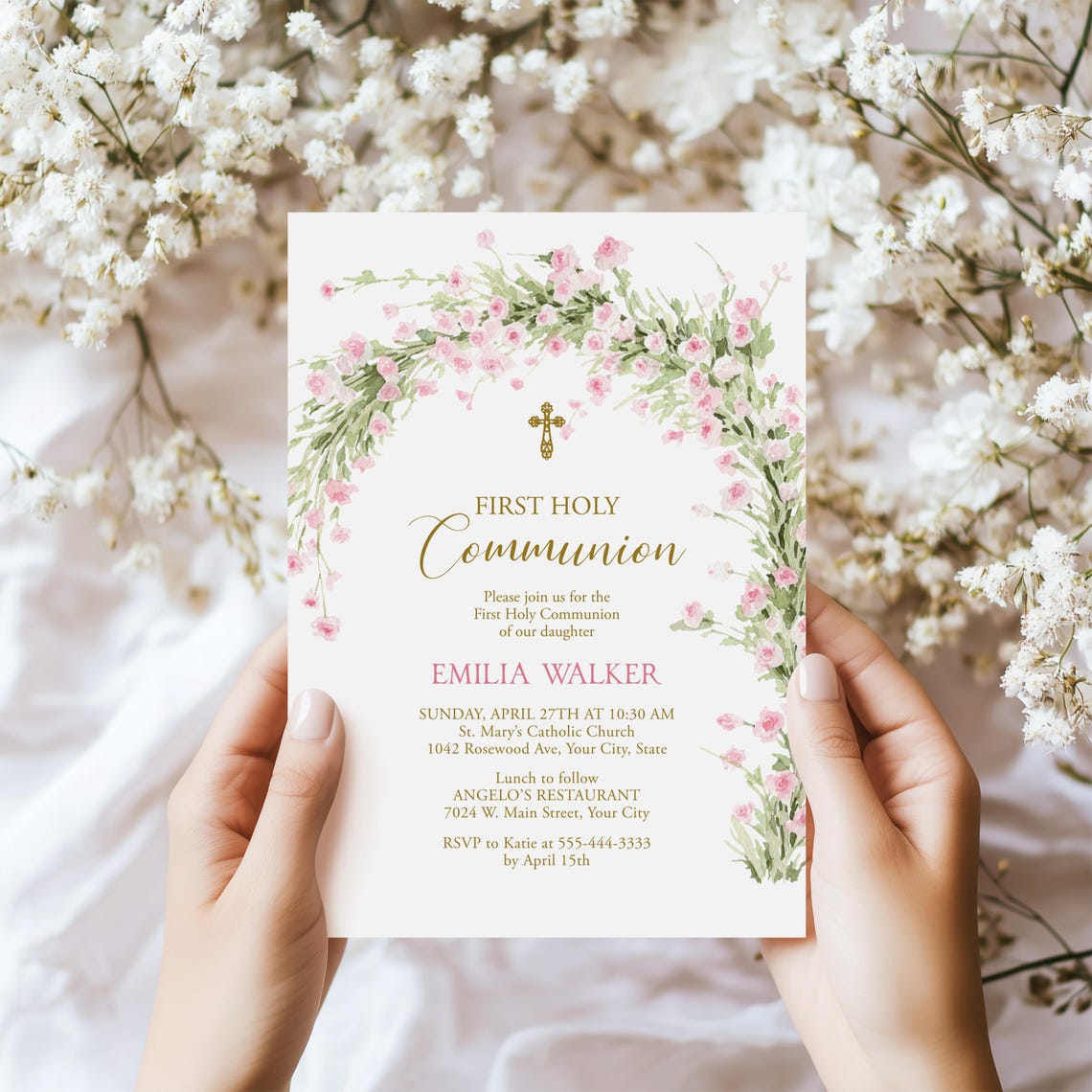 Blush Pink Floral First Holy Communion Invitation Template, Girl's 1st ...