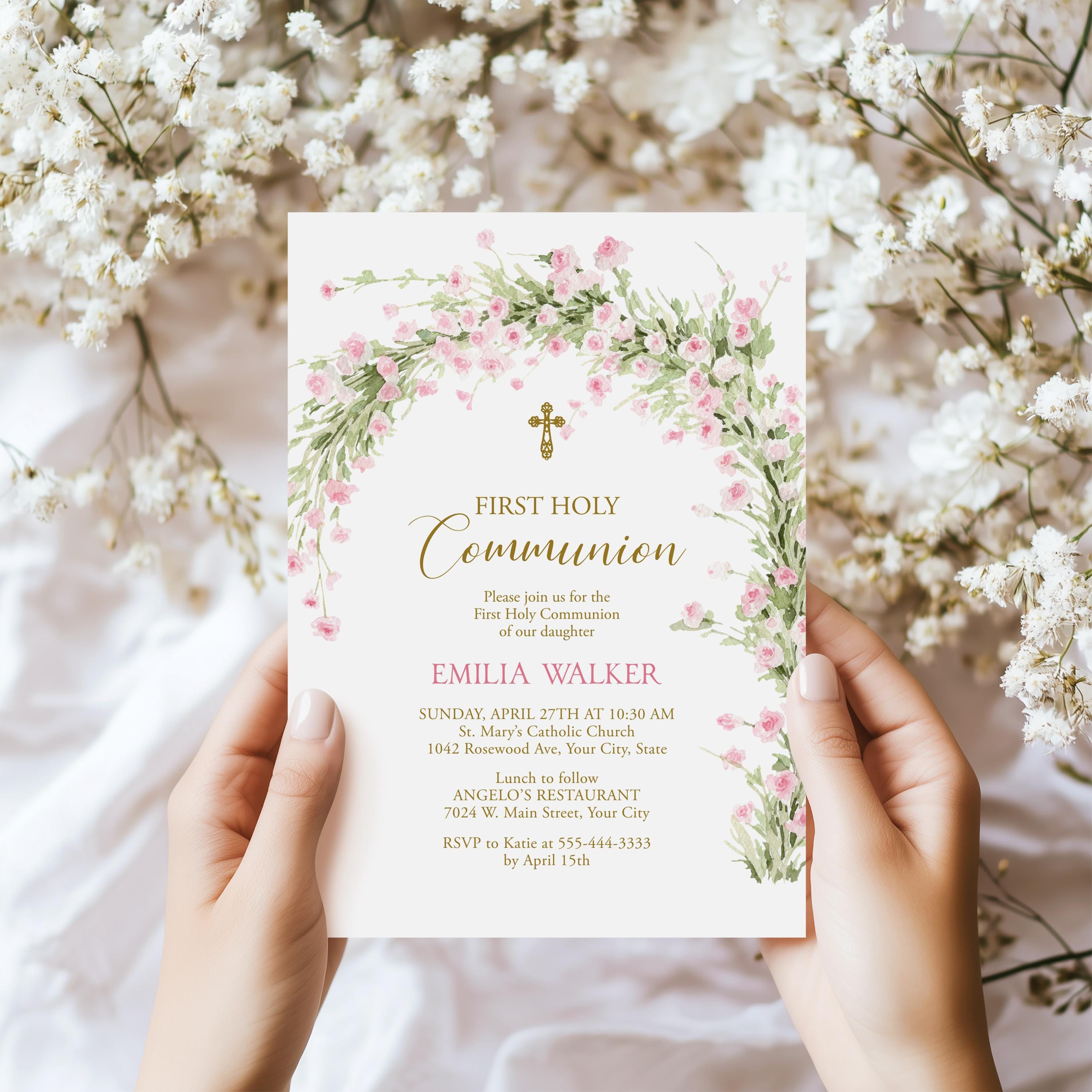 Blush Pink Floral First Holy Communion Invitation Template, Girl's 1st ...