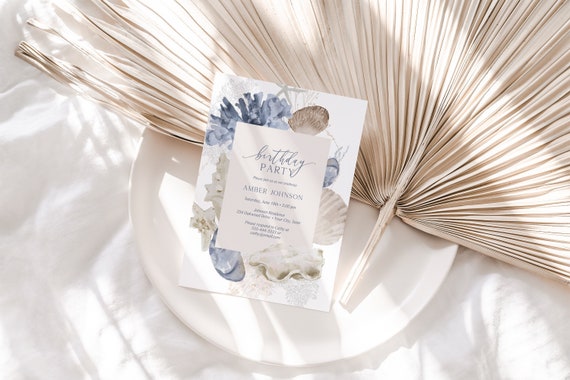Coastal Birthday Party Invitation, Boho Beach Woman's Birthday Invitation, Blue and Tan Seashells, Coral, Shells, DIY Editable Template 205