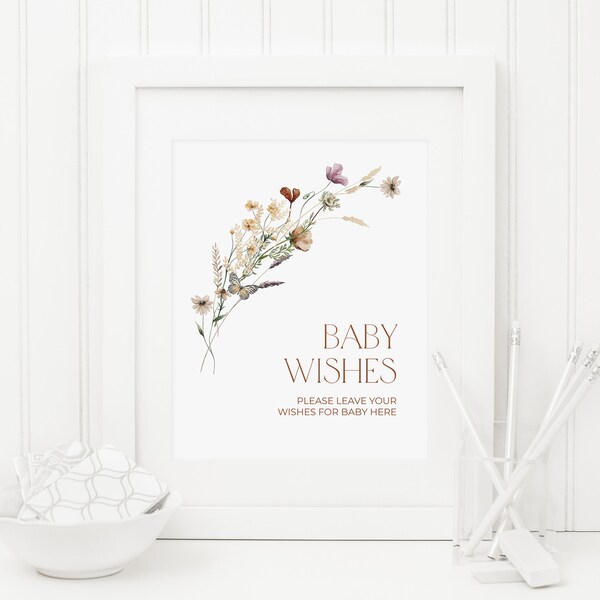 Baby Wishes Sign, Instant Download, Wishes For Baby Sign, Advice Card Sign, Autumn Wildflower Baby Shower Decoration, Meadow Flowers 277