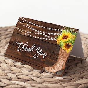 "Sonnenblume gefaltete Danke-Kartenvorlage, rustikales Cowgirl-Stiefel-Design, druckbare Karte zum Geburtstag, für ""Dusche"" oder Western-Party 269."