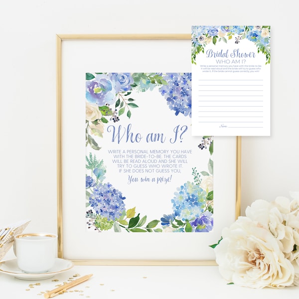 Blue Hydrangea Who Am I Bridal Shower Game Sign and Cards, Instant Download, Boho Cottage Floral Bridal Shower Guessing Game Activity 366