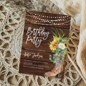 Sunflower Birthday Party Invitation, Boho Cowgirl Boot Birthday Invite, Rustic Country Birthday Invite, White Rose, DIY Corjl Template 322 image 4