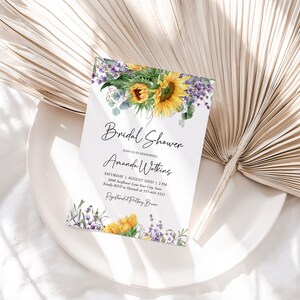 Invitación para despedida de soltera con girasoles, invitación rústica para brunch nupcial, lavanda, despedida de soltera campestre, plantilla editable DIY 148 imagen 5