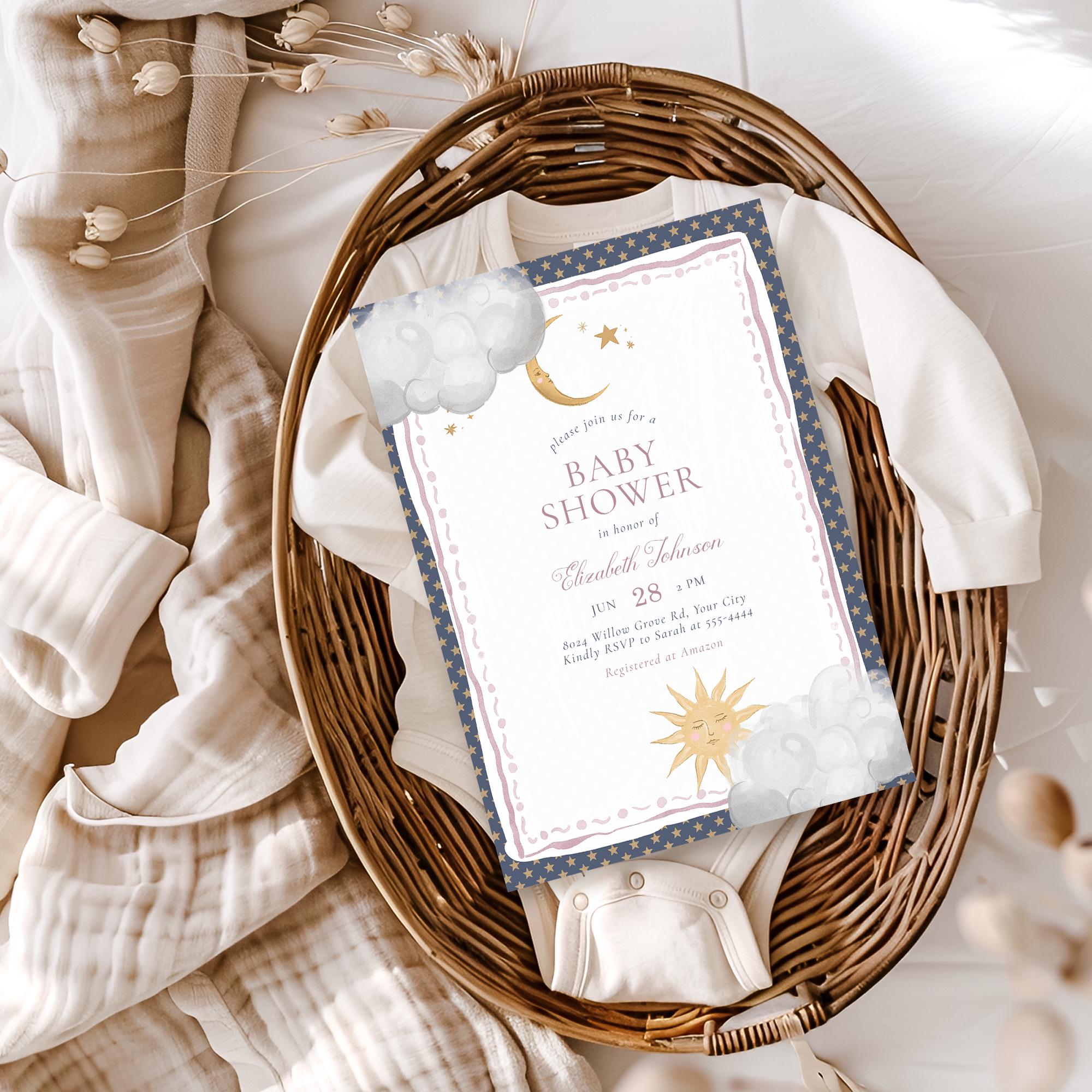 Celestial Baby Shower Invitation Template, Retro Sun and Moon Baby Brunch Invite, Whimsical Moon and Stars Baby Invite, Mauve Navy Gold 157A