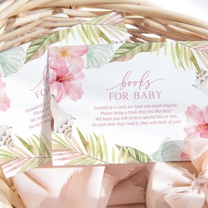 Livres tropicaux pour bébé, carte d'insertion modifiable pour baby shower, demande de livre côtier hibiscus rose, coquillages floraux téléchargement immédiat 180