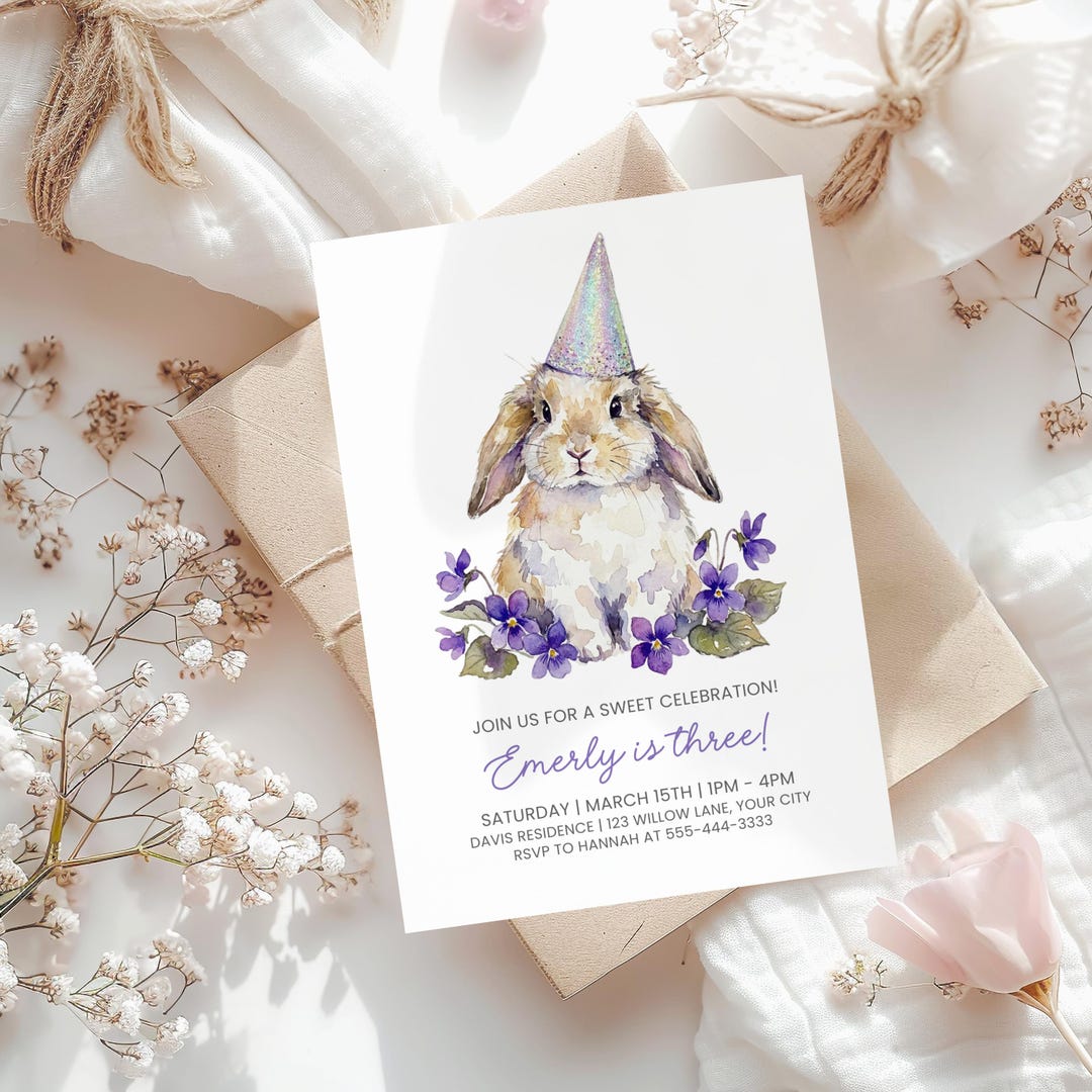 Bunny Birthday Corjl Invitation Template, Watercolor Rabbit Party ...