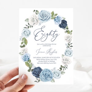 Blue Rose 80th Birthday Party Invitation, Blue Floral Woman’s Birthday Invite, Eighty, Eightieth, DIY Editable Corjl Template 439