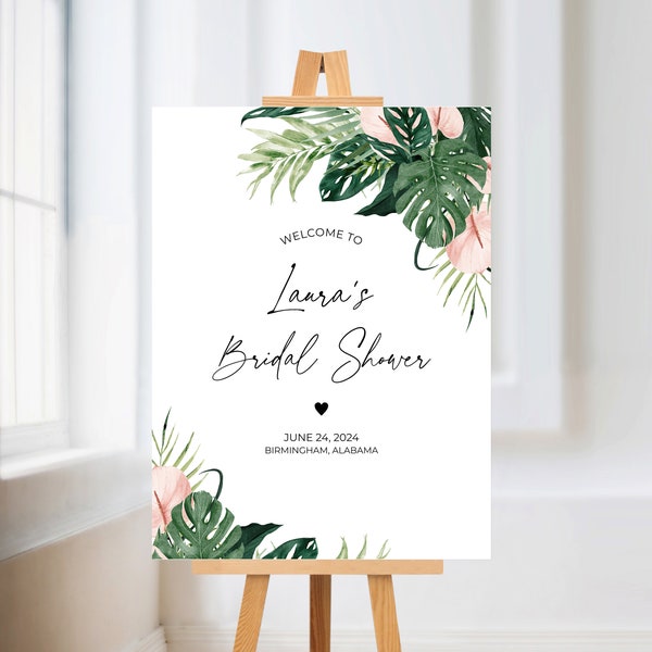 Tropical Jungle Welcome Sign, 18x24, Baby Shower Welcome Poster, Bridal Shower Decoration, Greenery, Monstera, DIY Editable Template 287