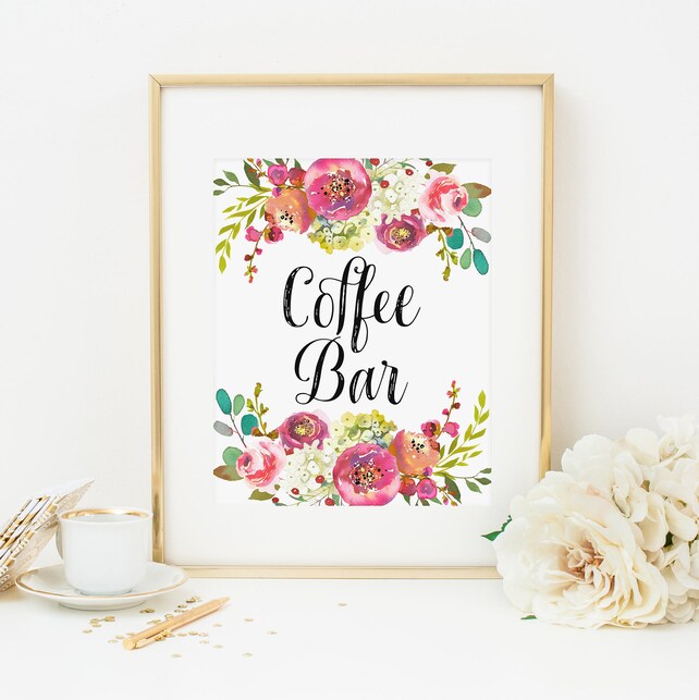 Pink Floral Coffee Bar Sign Printable Bohemian Bridal Shower Coffee