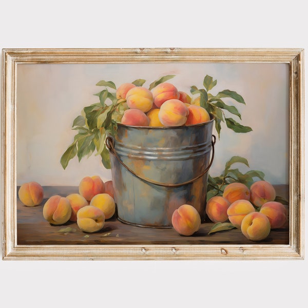 Peaches Painting, Bucket of Peaches Printable Art, Country Kitchen Print, Chic Farmhouse Decor, Dining Nook Poster, French Country Wall Art
