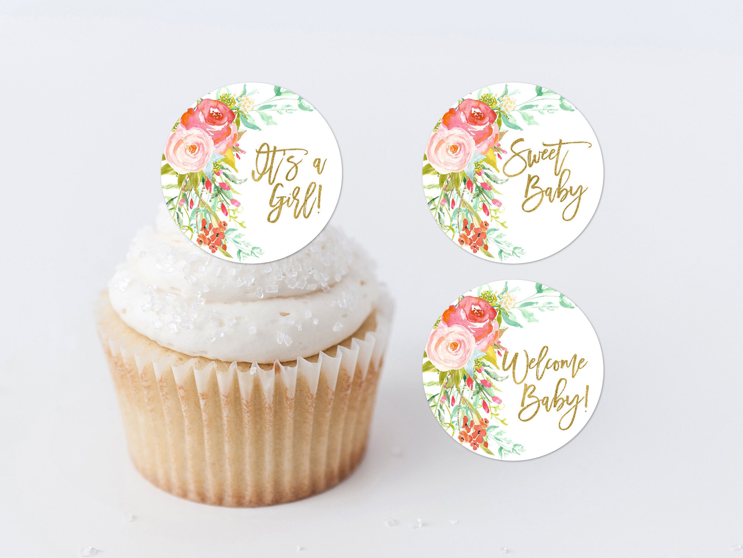 Pink Floral Cupcake Toppers Printable Bohemian Baby Shower Favor Tags Boho Favor Labels It S A Girl Favor Stickers Shower Decoration 117
