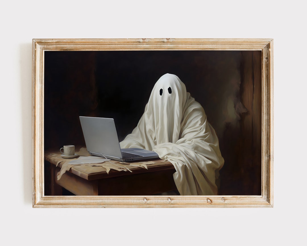 Silly Ghost Using Computer Geeky Ghost on Computer Painting, Cute Halloween Printable Art, Spooky ...
