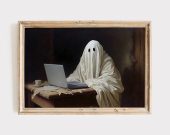Fantasma geek en computadora, arte imprimible de Halloween, decoración de oficina espeluznante, impresión artística de fantasma espeluznante en computadora, Academia oscura