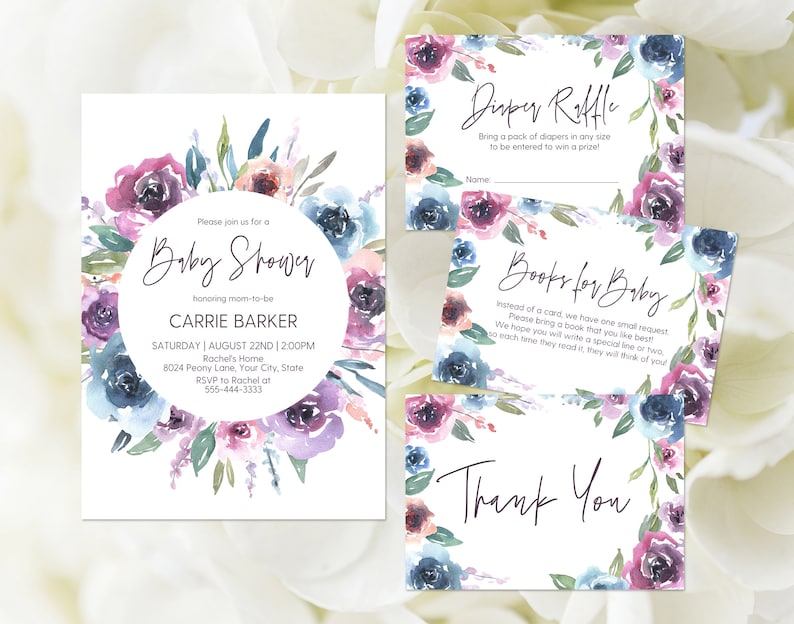 Boho Baby Shower Thank You Bohemian Baby Shower Invitation Set Diaper Raffle Purple Pink Blue Editable Corjl Template 419 Books For Baby