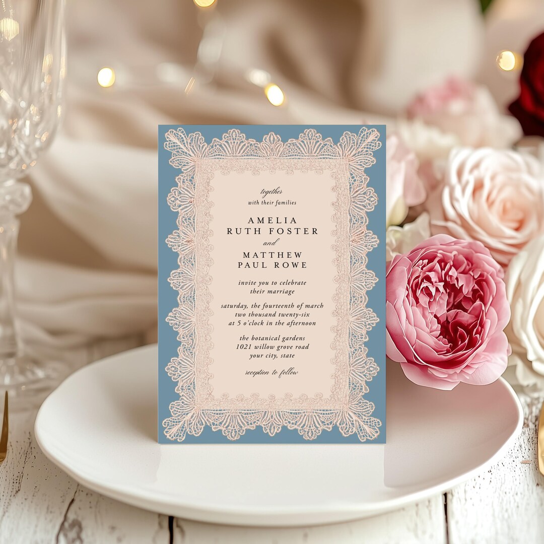 Lace Wedding Invitation Template, Robin Egg Blue, Elegant, Corjl ...