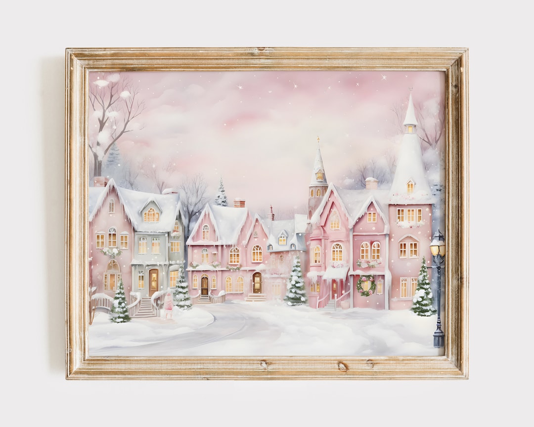 Pastel Christmas Village Art Print, Pink Winter Home Decor, Cottage