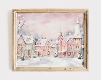 Pastel Christmas Village Art Print, Pink Winter Home Decor, Cottage Chic Holiday Decoration, Snowy Printable Art, Winter Scene Painting
