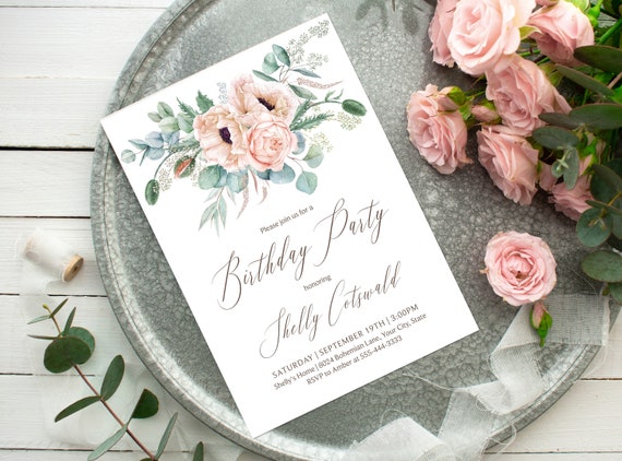 Boho Chic Birthday Party Invitation Editable Template Pink | Etsy