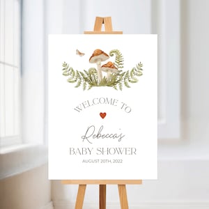 Cartello di benvenuto a forma di fungo, 18x24, poster di benvenuto nel bosco, decorazione per baby shower con vegetazione forestale, felci, farfalle, modello modificabile fai da te 282