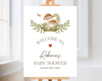 Pilz Willkommensschild, 18x24, Waldwillkommensplakat, Waldgrün-Babypartydekoration, Farne, Schmetterling, DIY bearbeitbare Vorlage 282