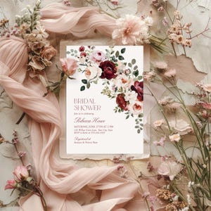 Burgundy Floral Bridal Shower Invitation Template, Editable Corjl Wedding Shower Invite, Maroon Garden Rose Digital Card 303 image 8