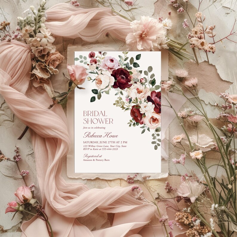 Burgundy Floral Bridal Shower Invitation Template, Editable Corjl Wedding Shower Invite, Maroon Garden Rose Digital Card 303 image 8