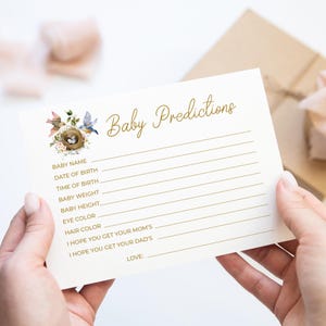 Juego de predicciones para bebés pájaros, descarga instantánea, juego de baby shower con flores silvestres pastel, tarjeta de predicciones para bebés con flores de campo, flores de primavera 213