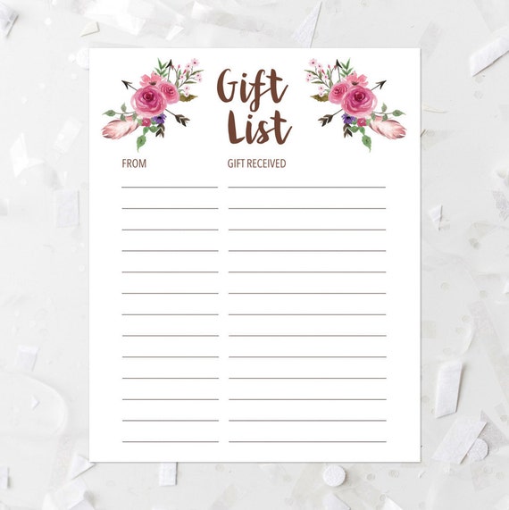 bohemian tribal gift list printable pink floral gift list boho etsy gift list printable