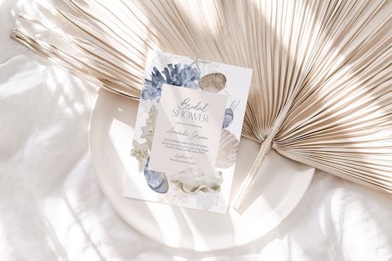 Beach Bridal Shower Invitation, Ocean Bridal Brunch Invite, Marine, Coral Invitation, Sea Shells, Blue and Tan, DIY Editable Template 205