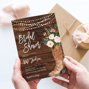 Bohemian Bridal Shower Invitation, Rustic Boho Wedding Shower Invite, Cowgirl Boot, String Lights, Wood, Blush, DIY Corjl Template 265 image 4