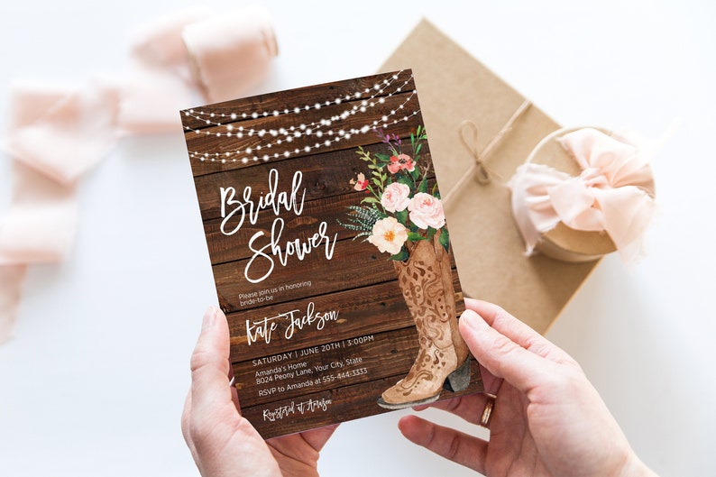 Bohemian Bridal Shower Invitation, Rustic Boho Wedding Shower Invite, Cowgirl Boot, String Lights, Wood, Blush, DIY Corjl Template 265 image 4