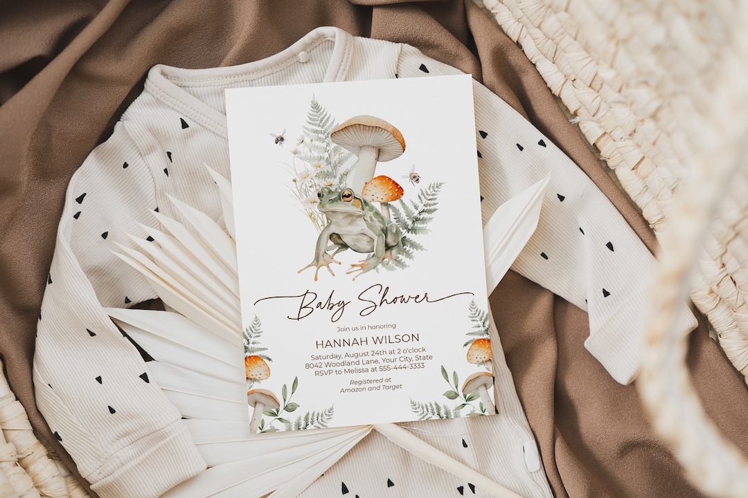 Frog and Mushroom Baby Shower Invitation, Forest Themed Baby