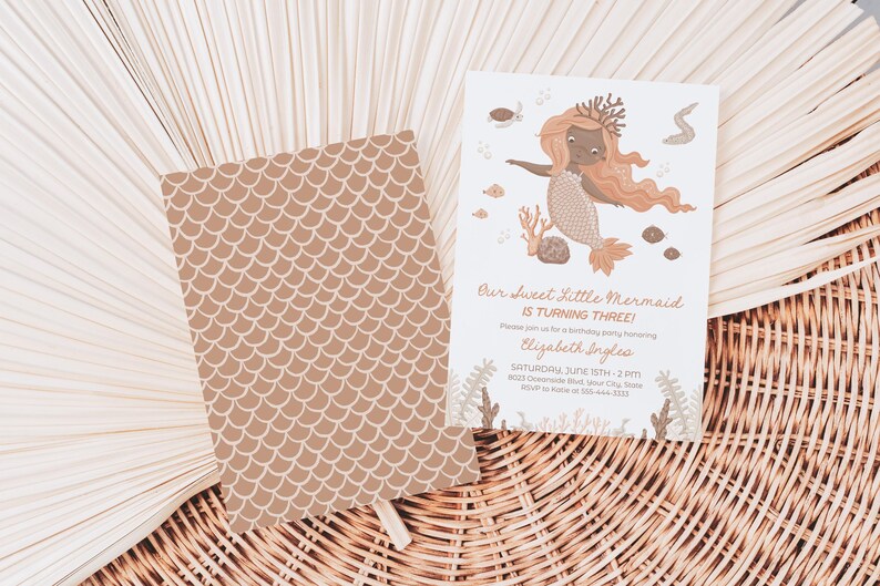 Mermaid Birthday Party Invitation, Neutral Tones Mermaid Invite, Under