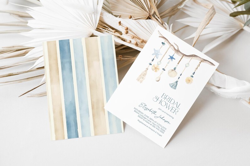 May include: Two cards with a watercolor design. One card has vertical stripes in beige, blue, and light blue. The other card is a bridal shower invitation with a branch and seashell design, with the text "Bridal Shower".