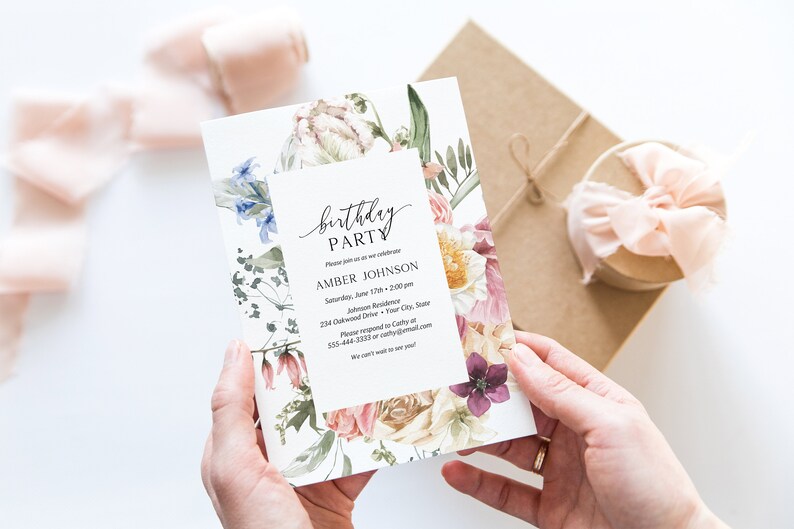 Colorful Spring Blooms Birthday Party Invitation, Boho Garden Floral Birthday Invite, Woman's Party Invitation, DIY Editable Template 126 image 4