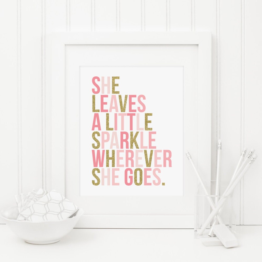 She leaves a little sparkle gold glitter pink arrow girls room nursery printPrintable artBaby shower gift