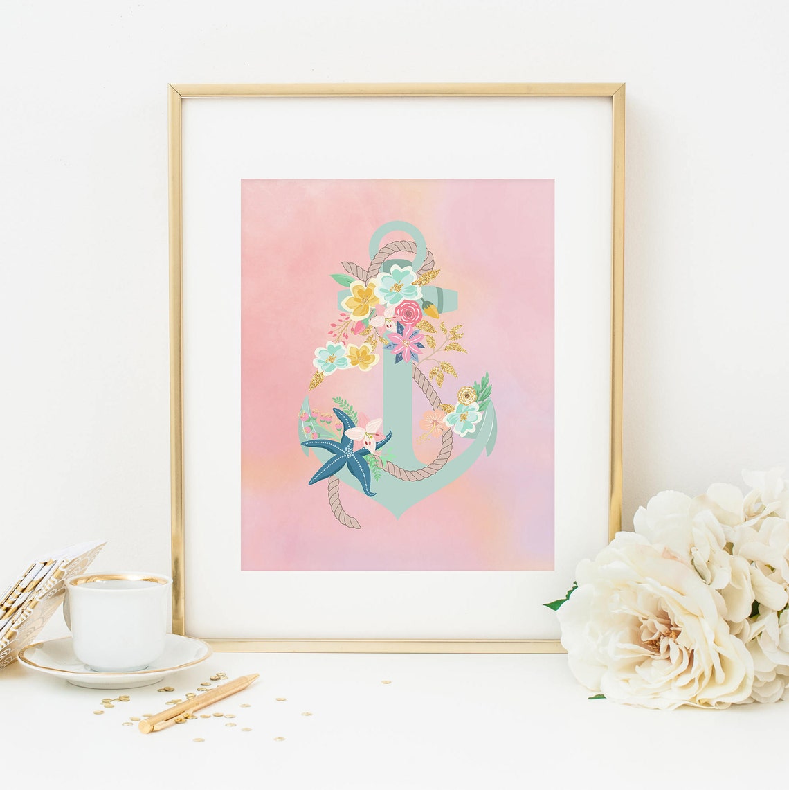 Floral Anchor Printable Nautical Nursery Decor Mermaid image 1