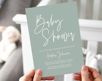 Sage Green Minimalist Baby Shower Invitation, Modern Baby Shower, Calligraphy, Handwriting Simple Gender Neutral Corjl Editable Template BP1
