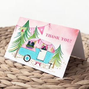 Carte de remerciement glamping, téléchargement immédiat, mot de remerciement pour le camping-car, carte de remerciement pour camping, anniversaire de fille 184